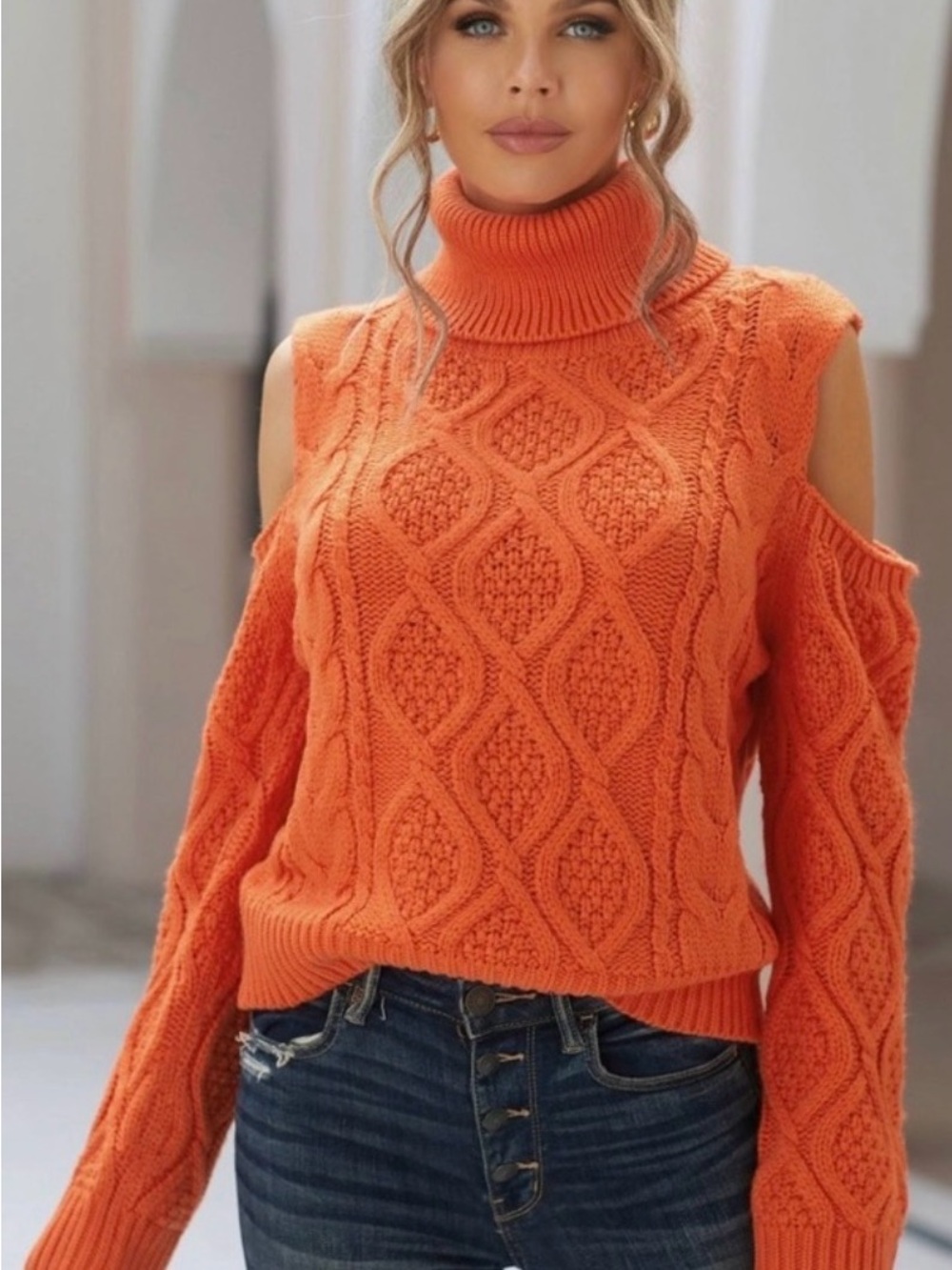 Cold-Shoulder Cable Knit Turtleneck Sweater - Orange